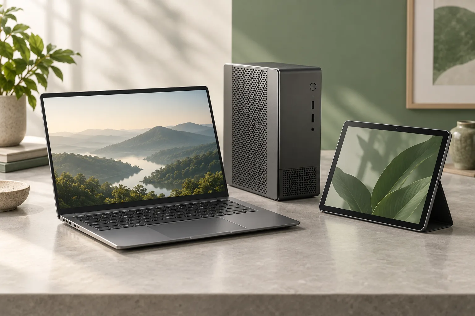 Illustrative business laptops, desktop and tablet