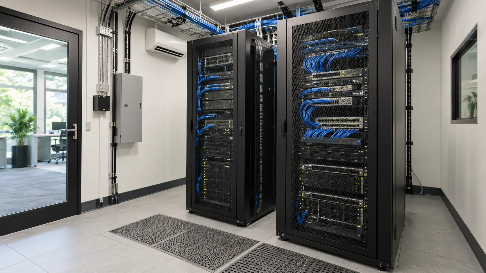 Illustrative dedicated server room with enclosed network racks and structured cabling