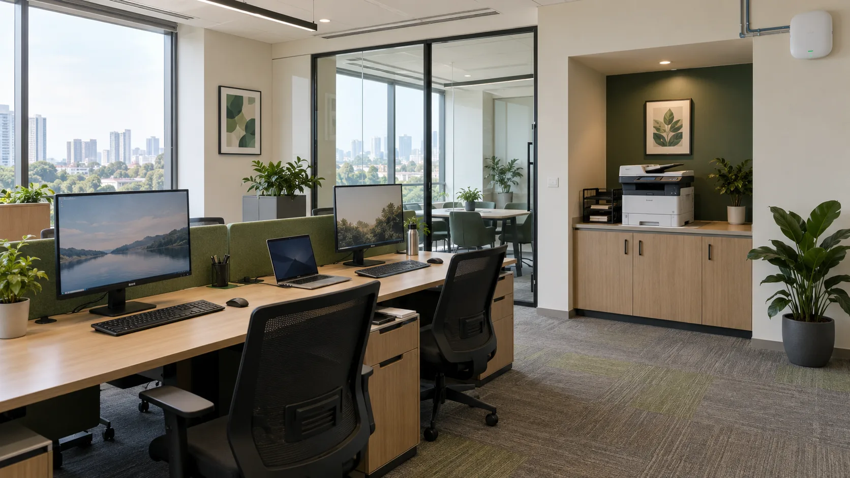 Illustrative business office with computers and shared printer; server equipment is in a separate room