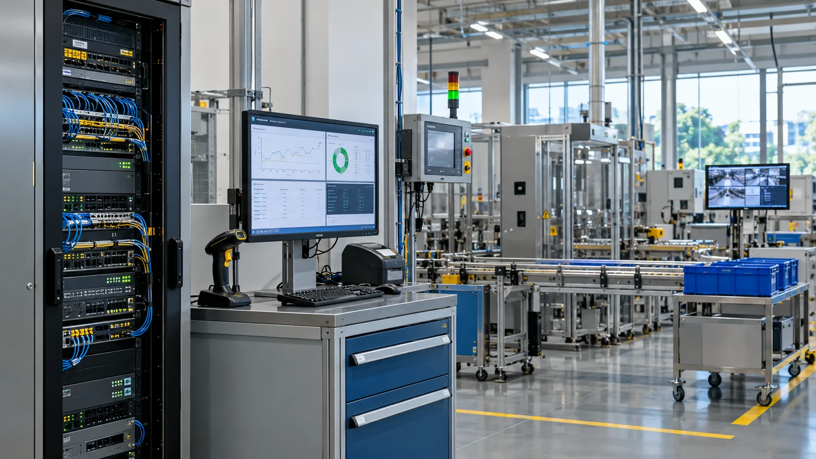 Illustrative people-free manufacturing IT setup with network cabinet, terminals and scanners